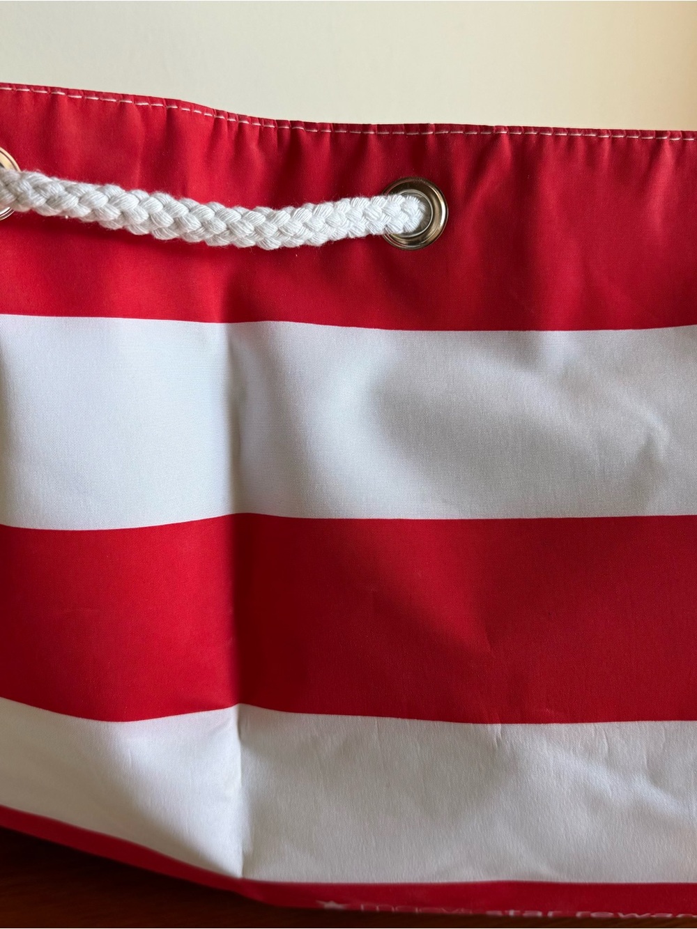 Macy's  Red And White Striped Drawstring White
Rope Beach Tote Bag.